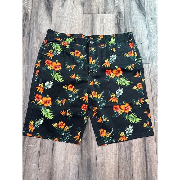 Carbon Mens Floral Hawaiian Shorts Size 38 Cotton/Polyester Blend Black & Orange - Picture 1 of 9